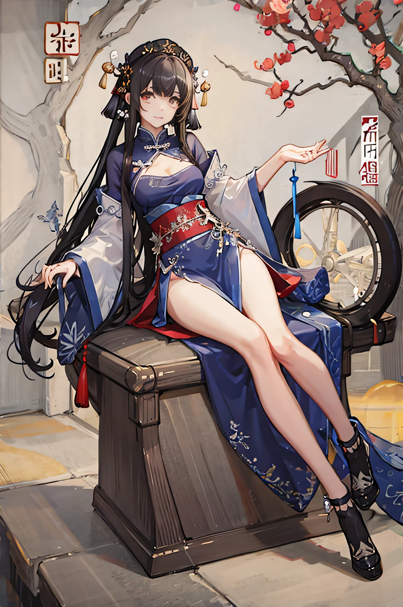 (((white Chinese dress)))(((half up hair))), (black hair), (beautiful legs)(sitting)