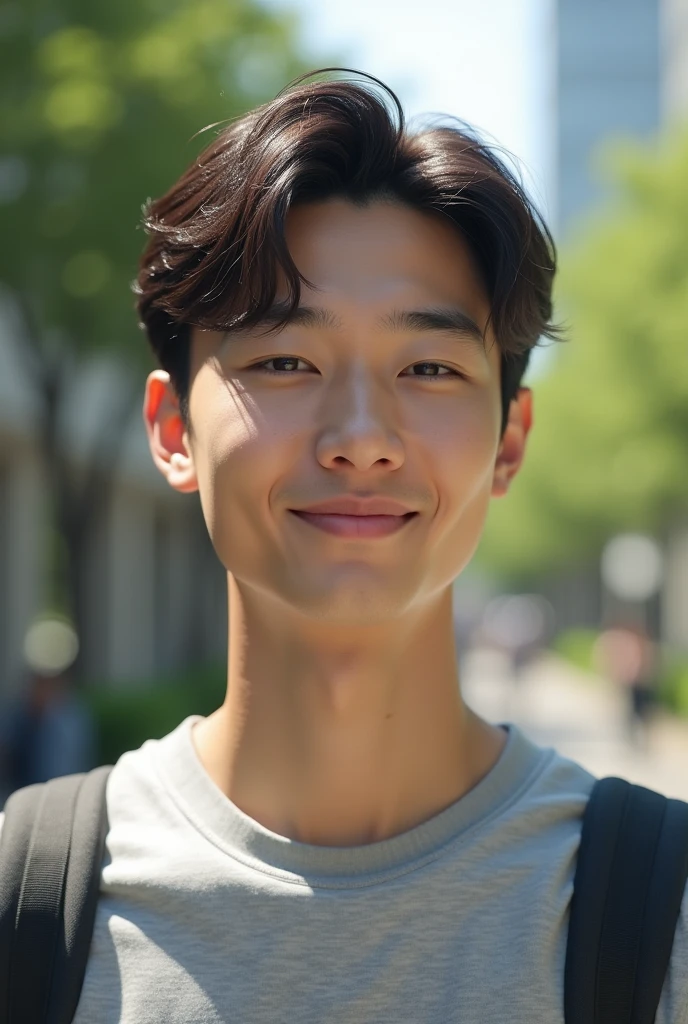 Photorealistic, 8k full body portrait, Handsome, mens, , Gentle expression,smile,Brown Hair,Fine skin,20-year-old Japanese,University campus