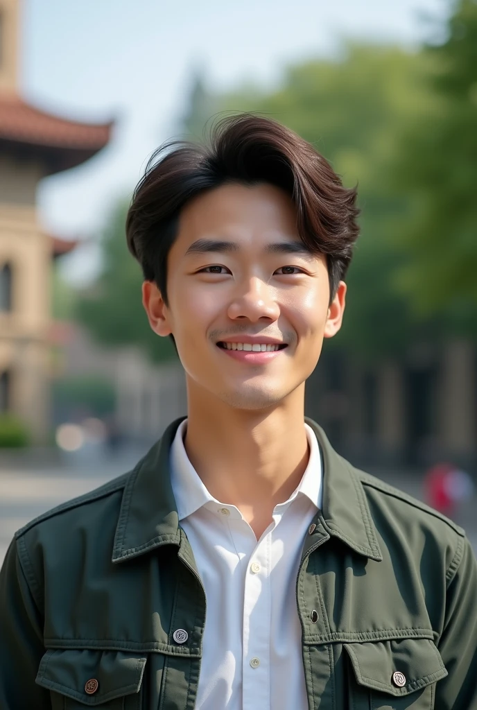 Photorealistic, 8k full body portrait, Handsome, mens, , Gentle expression,smile,Brown Hair,Fine skin,20-year-old Japanese,University campus
