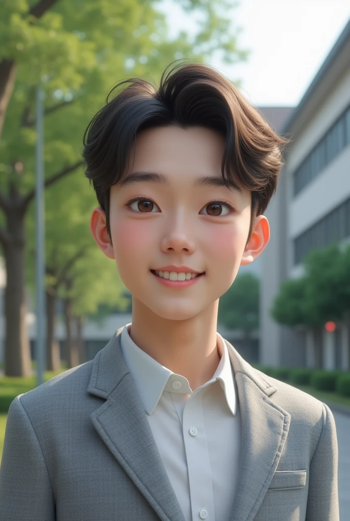 Photorealistic, 8k full body portrait, Handsome, mens, , Gentle expression,smile,Brown Hair,Fine skin,20-year-old Japanese,University campus