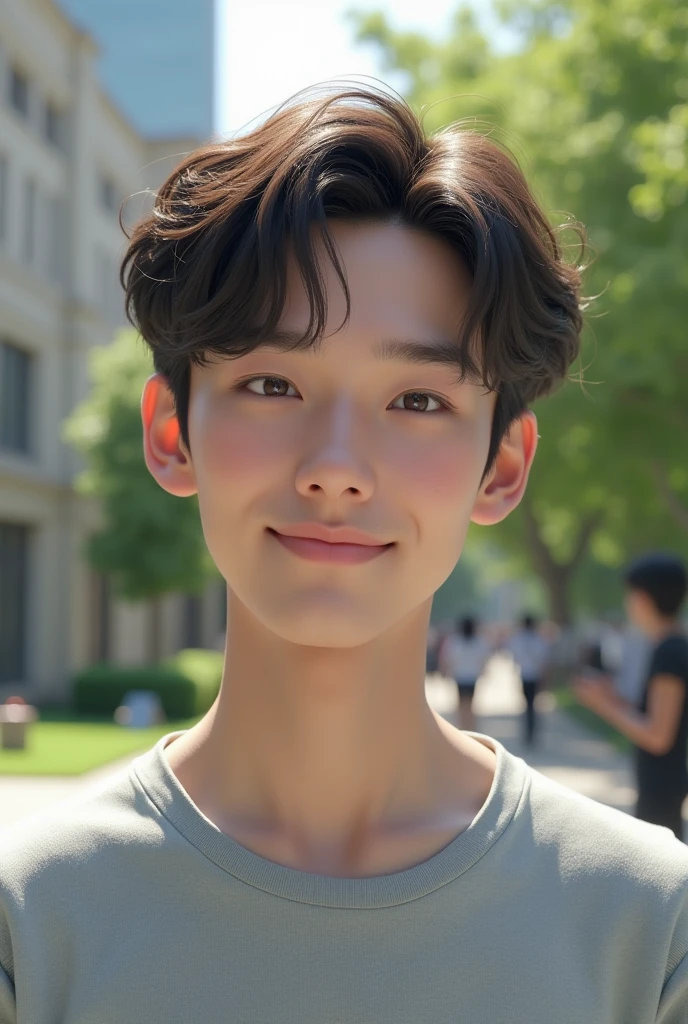 Photorealistic, 8k full body portrait, Handsome, mens, , Gentle expression,smile,Brown Hair,Fine skin,20-year-old Japanese,University campus