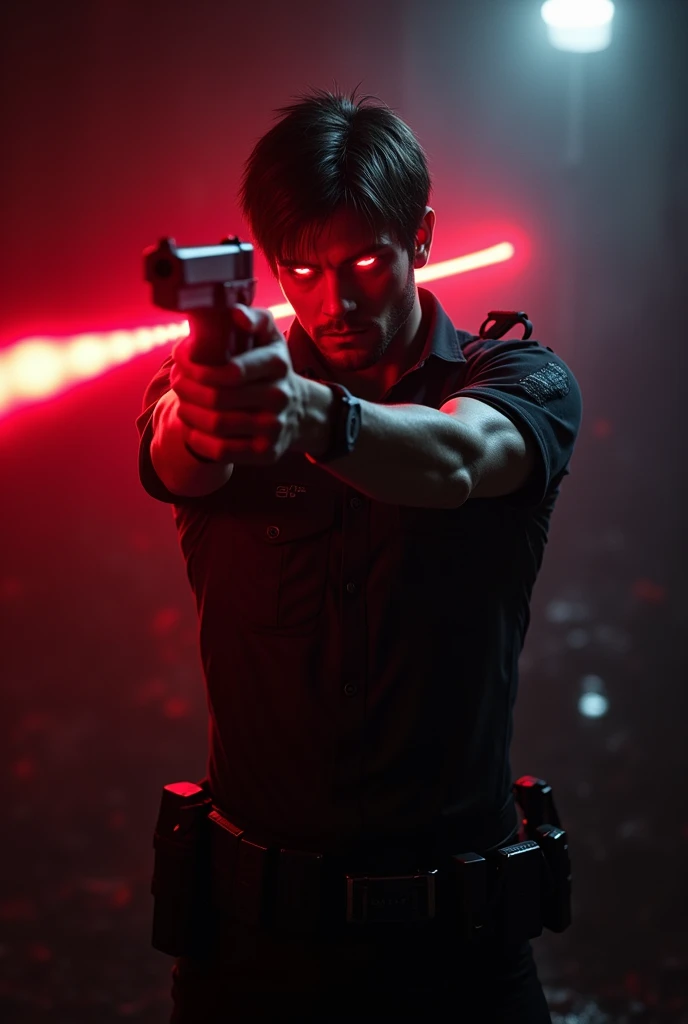 Leon resident evil shooting gun with neon red eyes, darkness background, many red rays