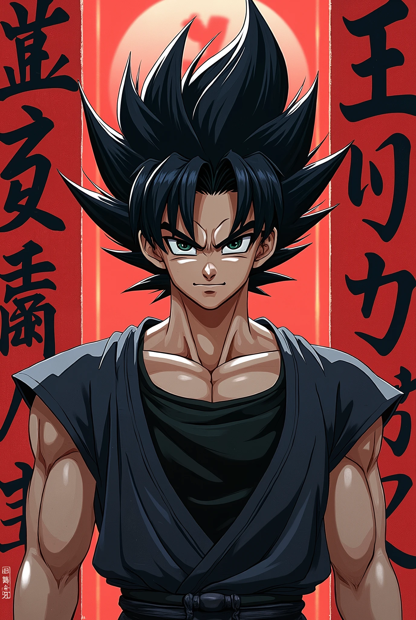 Daisuke is a porcelain-skinned Saiyan. Daisuke had medium-length black hair., his back is spiky, and has bangs growing separating them on both sides of the face, the hair is longer on the sides. His eyes are black with a cold expression. Using red and black kanji with the kanji symbol for king of the world 