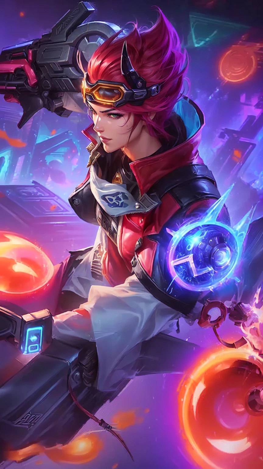 a close up of a person on a motorcycle with a gun, league of legends character, official splash art, hero pose colorful city lighting, league of legends character art, extremely detailed artgerm, league of legends splashart, rossdraws and jazza, character splash art, iconic character splash art, from league of legends, jazza and rossdraws, splash art