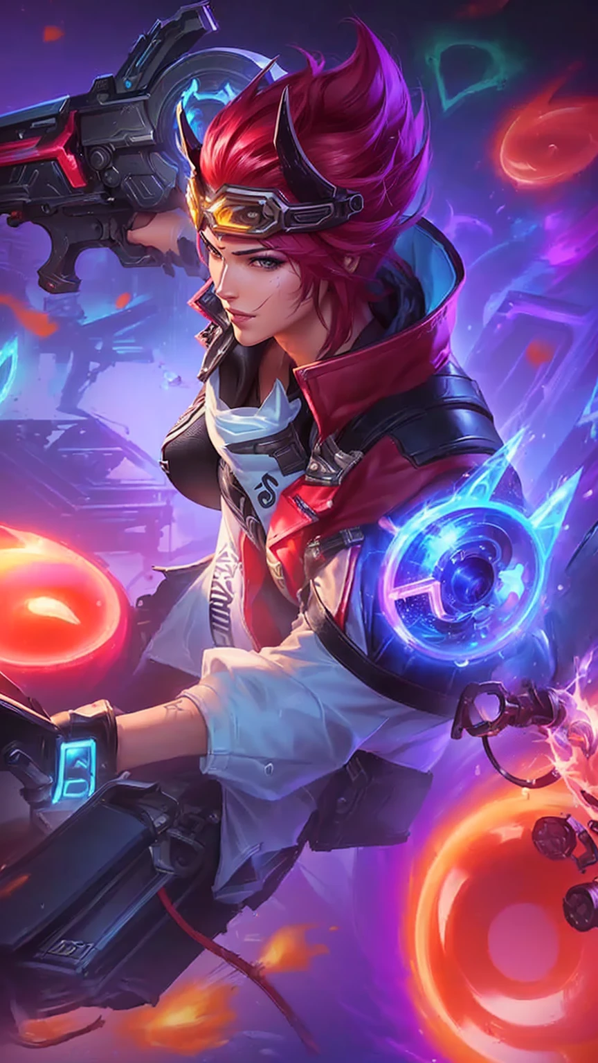 a close up of a person on a motorcycle with a gun, league of legends character, official splash art, hero pose colorful city lighting, league of legends character art, extremely detailed artgerm, league of legends splashart, rossdraws and jazza, character splash art, iconic character splash art, from league of legends, jazza and rossdraws, splash art