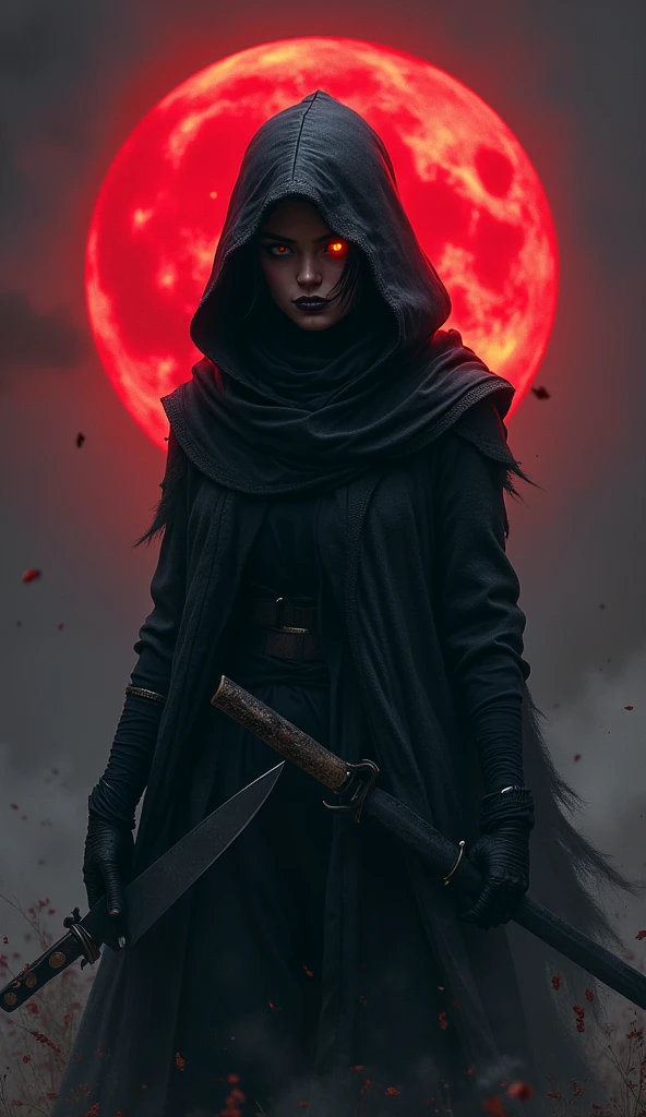 girl assassin in hood and cloak, holding a knife, crazy face, crazy grin, realistic style, upper body, dark sky blood moon background
