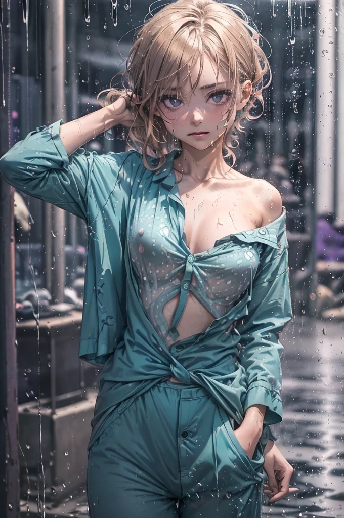 ((Teal coloured buttoned up pyjama shirt)), ((wearing nothing but her shirt, she is naked below her waist)), raining heavily, (patterned), outside, short caramel-blonde hair sticking to her face, sad but alluring purple eyes, teal coloured pyjama shirt, nighttime, almost naked, small breasts, in the streets, very dark night, soaking wet pyjama shirt, purple eyes, dark scene, flushed cheeks, braless, bottomless, nipples pressing through, ((wearing nothing but the pyjama shirt, she is otherwise naked)), NSFW,