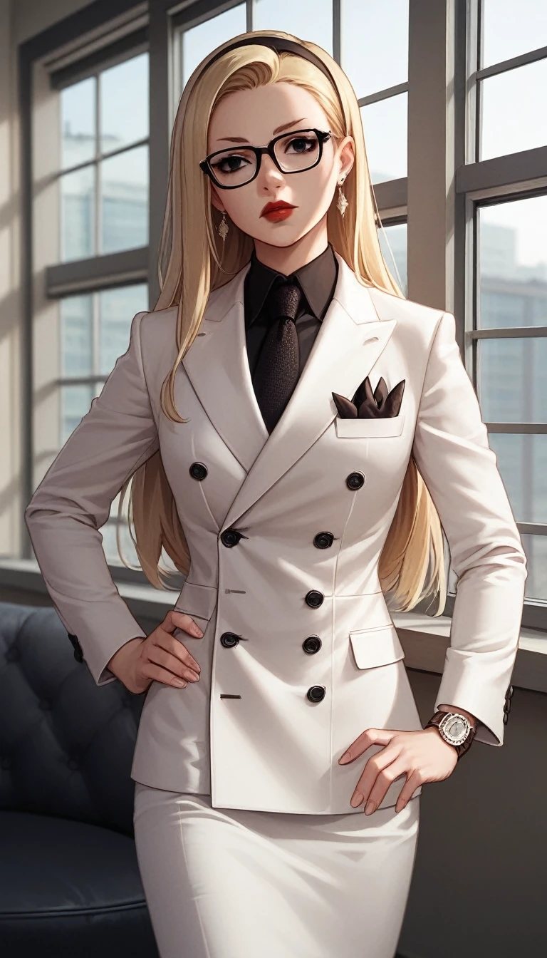 score_9, score_8_up, score_7_up, score_6_up, source_anime, double-breasted suits, 1girl, solo, blonde hair, long hair, swept back hair, hairband, glasses, formal, jewelry, suit, black necktie, earrings, jacket, shirt, standing, hand on hip, window, black eyes, watch, white jacket, wristwatch, black shirt, red lips, white skirt, makeup