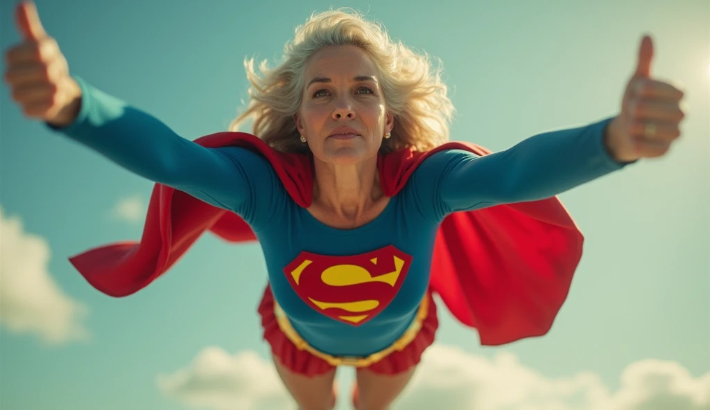 super old Lorraine Bracco em 2024s Supergirl 1984s movie costume; saving the world; posição de levantar vôo; braços esticados para cima; floating towards the sky; HD. Photograph, ((realism)), extremely high quality RAW photograph, ultra detailed photograph, sharp focus, high resolution, (detailed skin:1,3),high quality, film grain, Fujifilm XT3,Highly Detailed, movie, (Cinematic Photo:1.3) of (Realistic:1.3)