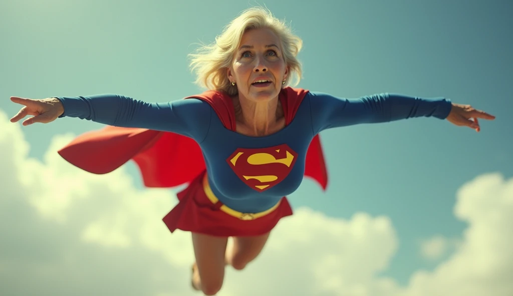 super old Lorraine Bracco em 2024s Supergirl 1984s movie costume; saving the world; posição de levantar vôo; braços esticados para cima; floating towards the sky; HD. Photograph, ((realism)), extremely high quality RAW photograph, ultra detailed photograph, sharp focus, high resolution, (detailed skin:1,3),high quality, film grain, Fujifilm XT3,Highly Detailed, movie, (Cinematic Photo:1.3) of (Realistic:1.3)