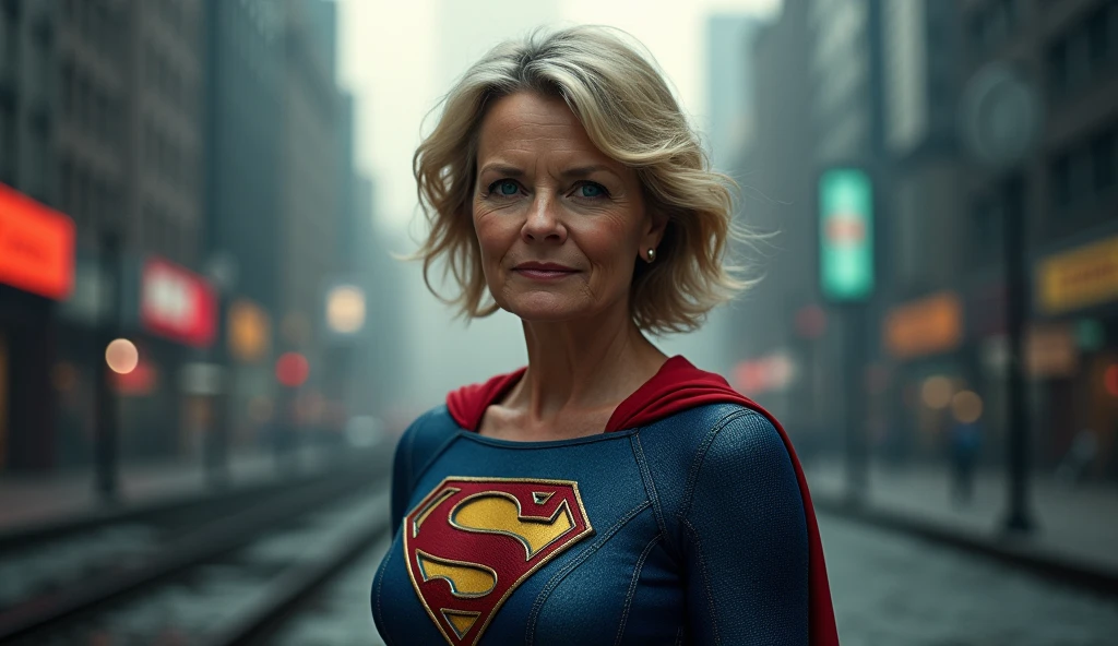 super old Jean Smart Supergirl; HD. Photograph, ((realism)), extremely high quality RAW photograph, ultra detailed photograph, sharp focus, high resolution, (detailed skin:1,3),high quality, film grain, Fujifilm XT3,Highly Detailed, movie, (Cinematic Photo:1.3) of (Realistic:1.3), by John Byrne/Jerry Ordway