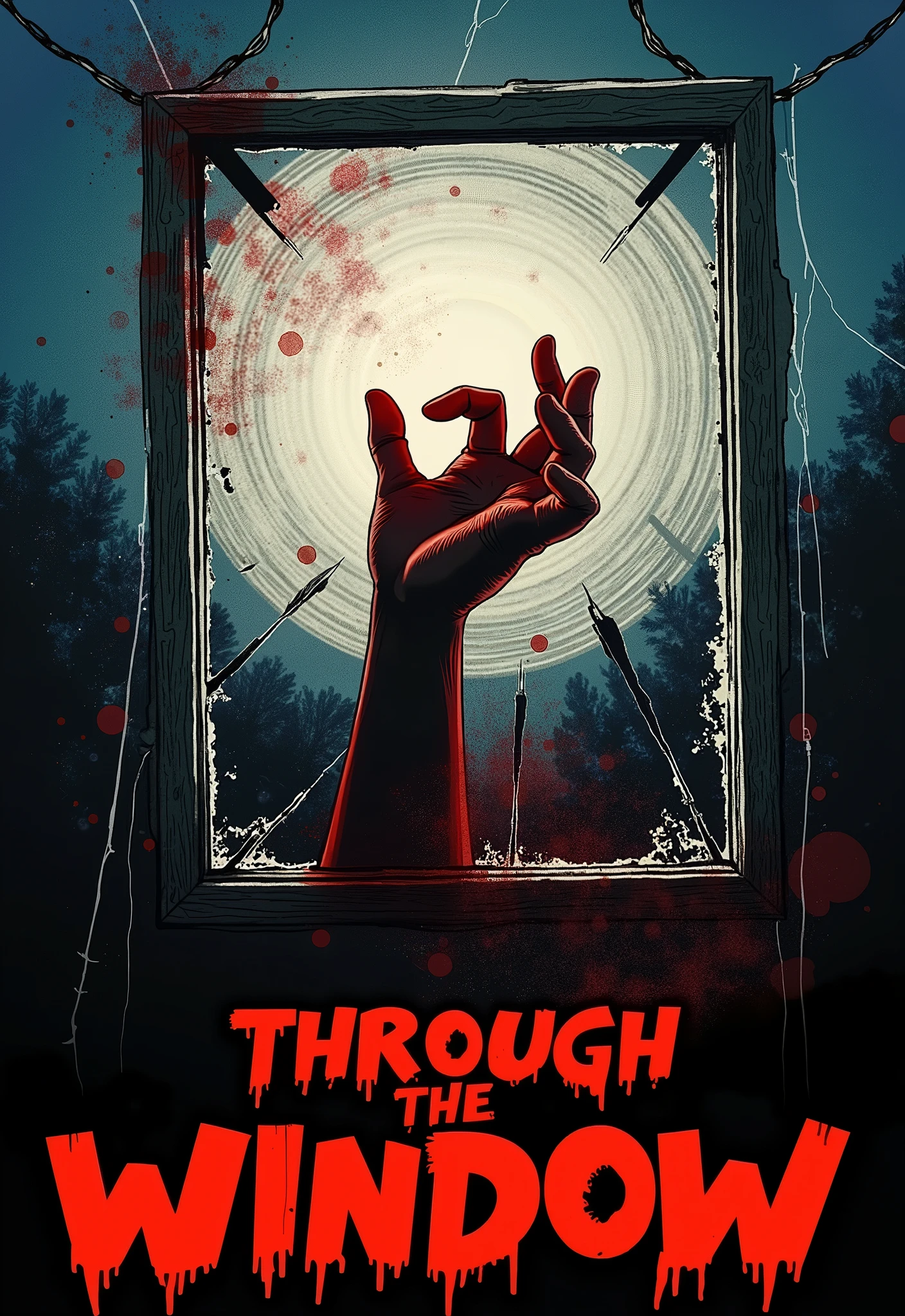 Create 80s horror movie poster style art for your book with synopsis: **Synopsis of "Through the window"
In the small and peaceful town of Bom Paraíso, what should have been just another peaceful month of July turns into a real nightmare. When Amanda Rodrigues, a second year student, is brutally murdered, the entire city is thrown into a spiral of fear and paranoia. Thiago Lopes, an observant student who prefers the company of books to that of his peers, is at the center of this terror. He was close to Amanda, and the mystery of his death soon extends to other macabre murders that defy the understanding of local police.
As the city searches for a culprit, theories about an untamable beast begin to emerge, Thiago begins to suspect that something much more sinister and supernatural is at play.. The sound of a stuck window in your house, opened inexplicably every night, becomes a symbol of the evil that lurks outside — or perhaps within.
Amidst sleepless nights and disturbing dreams, Thiago and his friend Cleitinho delve into the legends of werewolves, trying to decipher whether the folk stories have any truth. As the deaths continue, Thiago begins to realize that the open window may be more than a mere accident.; It could be an invitation for horror to enter your life..
"Through the window" It is a story of psychological horror and mystery, where the line between reality and nightmare blurs, and the real enemy may be closer than it seems.