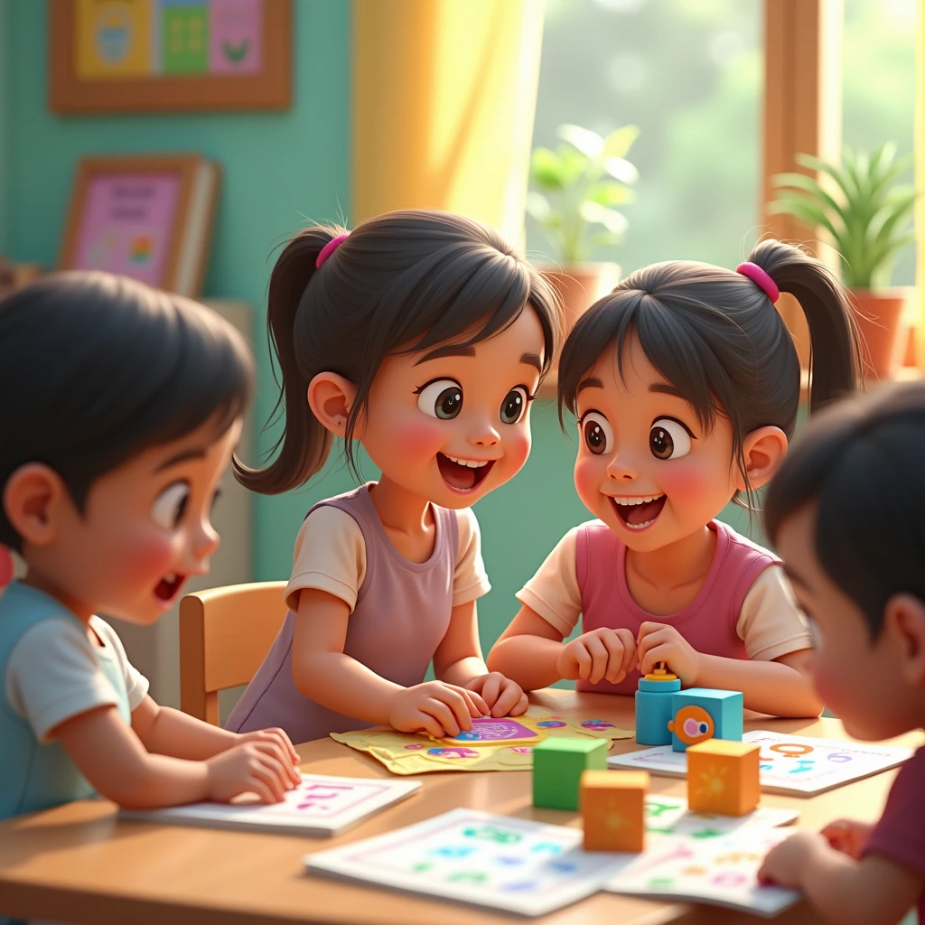 Create a cheerful and inviting scene featuring real-life indian children engaged in a learning adventure with the Kibow Phonics characters. The children, aged 4-6, are interacting with colorful, animated characters that appear to be guiding them through activities like reading books, playing with letters, and solving puzzles. The setting is a bright, playful classroom filled with educational tools like books, letter blocks, and colorful posters. The mood is lively and fun, capturing the joy of learning with friendly characters who seem to come to life in this interactive environment. use colours #F24B6A, #2B65D9, #5CC8F2, #F2CF1D, #F2B885
