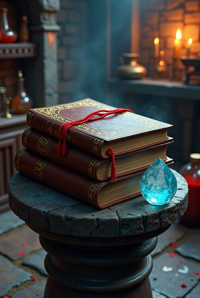Illustrate a thick, brown hardcover magic book with gold edges and an ice crystal with freezing energy emanating from it, many pages and a red fabric bookmark. On top of a pedestal in a medieval wizard's laboratory. 8k Horror Style.