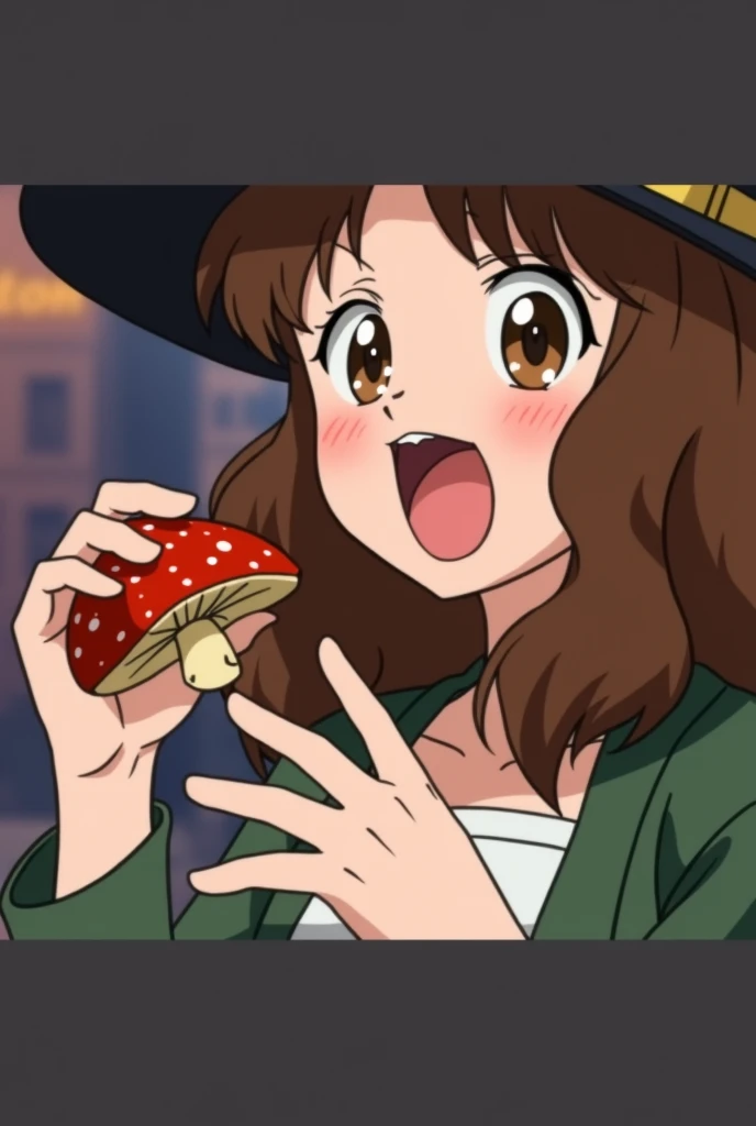 a anime girl, sailor moon art style, open mouth, wearing a witch hat, brown hair, open mouth, hand holding a mushroom, girl open mouth to eat mushroom, lofi girl, 90s sailor moon style, anime, moe 