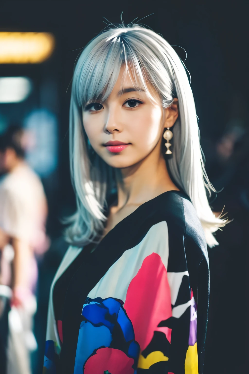 Masterpiece, high quality, high resolution, 8K, (solo:1.2), ((1girl)), Japanese woman, detailed face, detailed eyes, correct body structure, upper body, ((White hair:1.2)), very long hair, messy hair, slender body, seductive silhouette, luminous bones, depth of field, dark photo at nighttime, dimly lit, bangs, Cinematic Lighting, Tyndall effect, abstract background, futuristic outfits, vibrant colors, modern style, wide sleeves, artistic, unique patterns, colorful, stylish, trendy