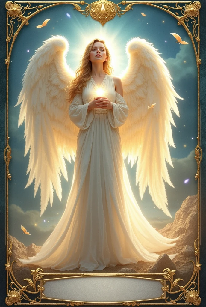 Creat a card, similar to a tarot card but made it angelical themed, leave a blank space to write a message, is to make a deck of cards to read each day an angelical message, Please include the image of an arcangel, include some feathers and a wimsical magic vibes. DO NOT INCLUDE BACKGROUND JUST THE CARD, AND DO NOT WRITE THE MESSAGE, JUST LEAVE THE BLANK SPACE