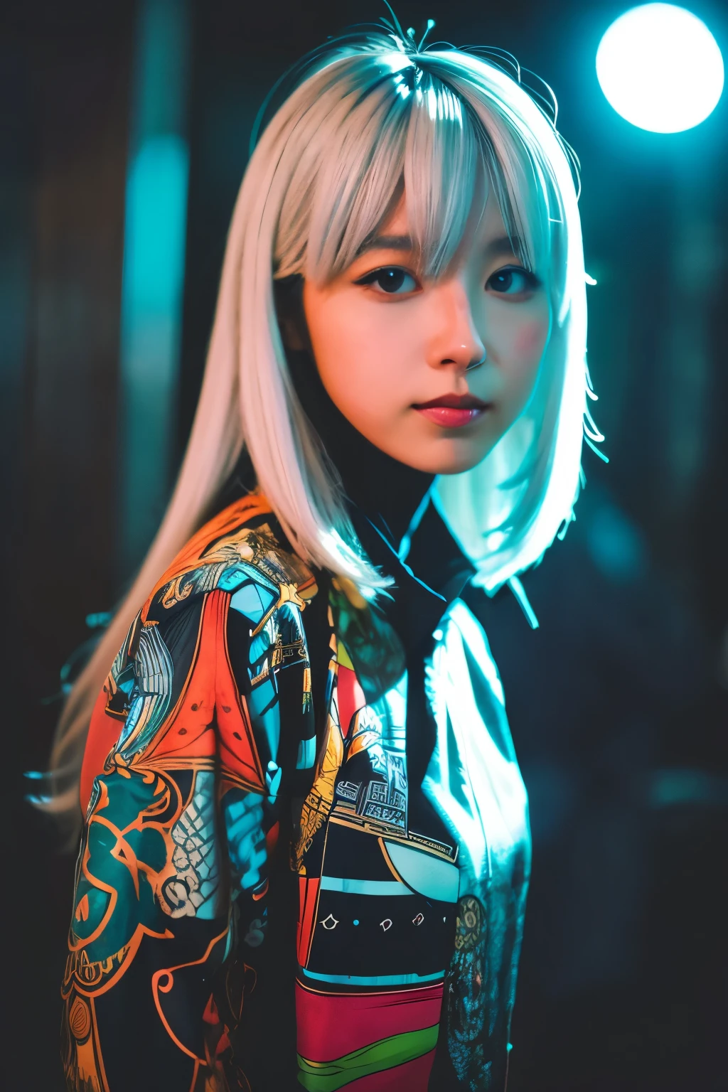 Masterpiece, high quality, high resolution, 8K, (solo:1.2), ((1girl)), Japanese woman, detailed face, detailed eyes, correct body structure, upper body, ((White hair:1.2)), very long hair, messy hair, slender body, seductive silhouette, luminous bones, depth of field, dark photo at nighttime, dimly lit, bangs, Cinematic Lighting, Tyndall effect, abstract background, futuristic outfits, vibrant colors, modern style, wide sleeves, artistic, unique patterns, colorful, stylish, trendy