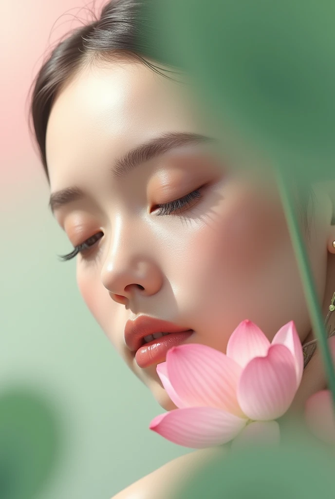 Create a decent looking makeup magazine cover, and that has the elegant aesthetics of a lotus flower with the name lotus glow with pastel pink and pastel green in addition to dark moss green, very very elegant
