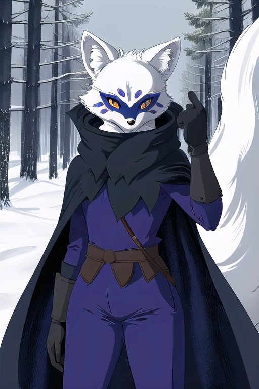 Alopex, arctic fox, furry, blue marks face, tmnt, orange eyes, girl1, solo, cape, cloak, gloves, robe, pants, best quality, masterpiece, Mouth Mask, forest, 