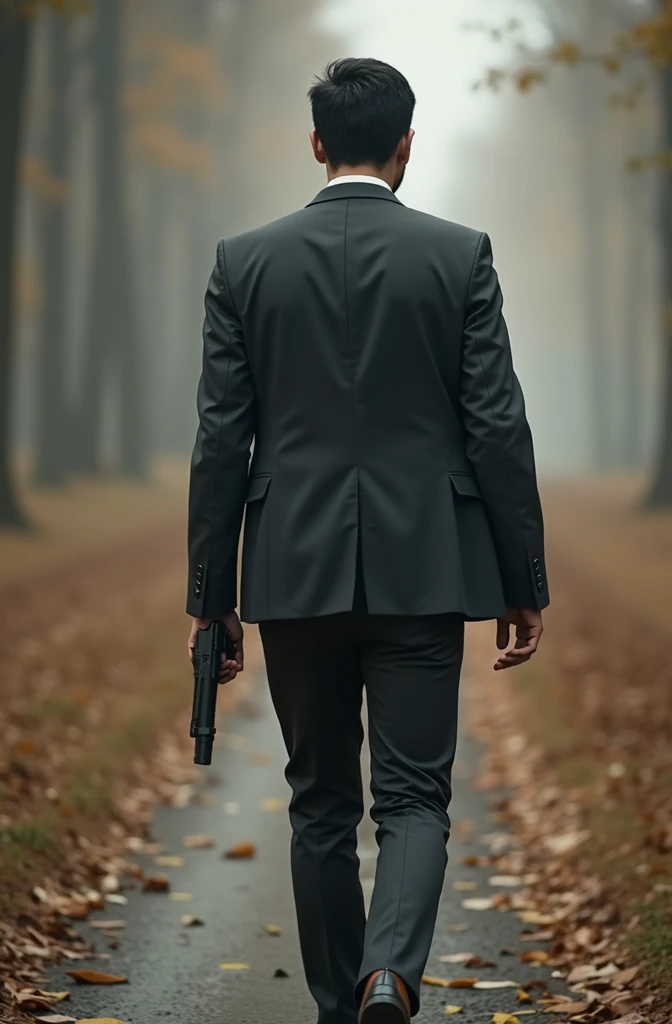 a man walking and holding a pistol in left hand from behind