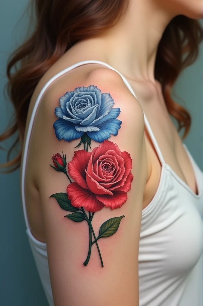 Feminine tattoo of a blue carnation and a red rose