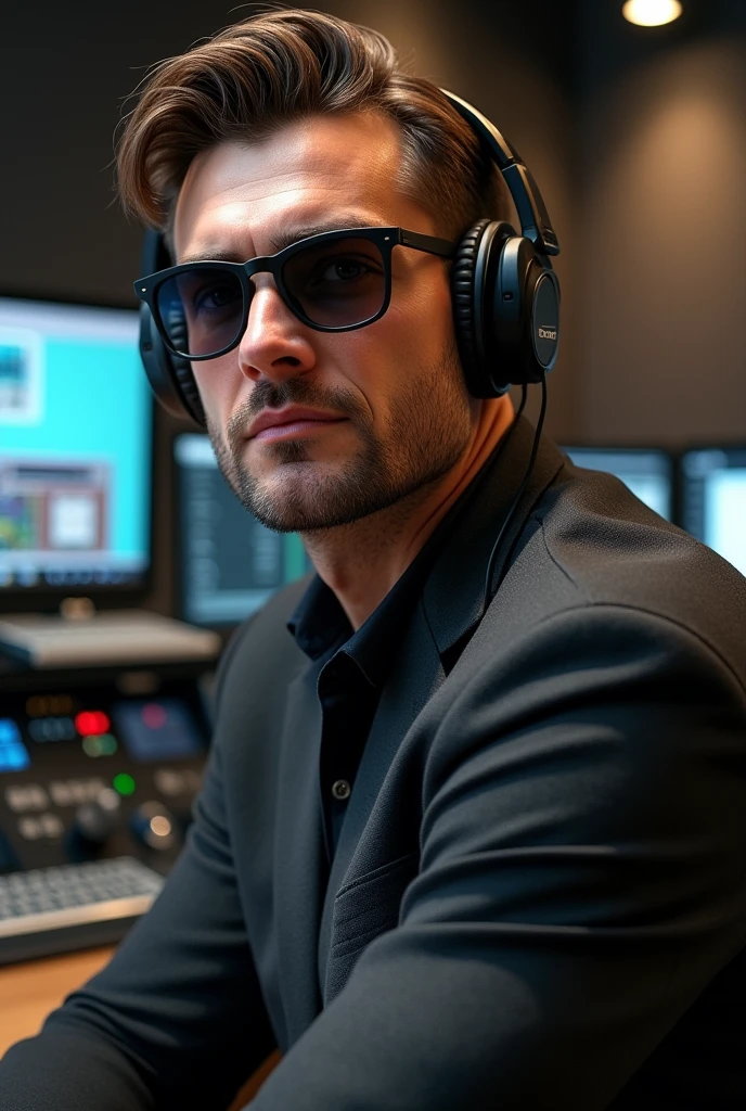 Man announcer in sunglasses brown hair haircut hairstyle in a radio studio
