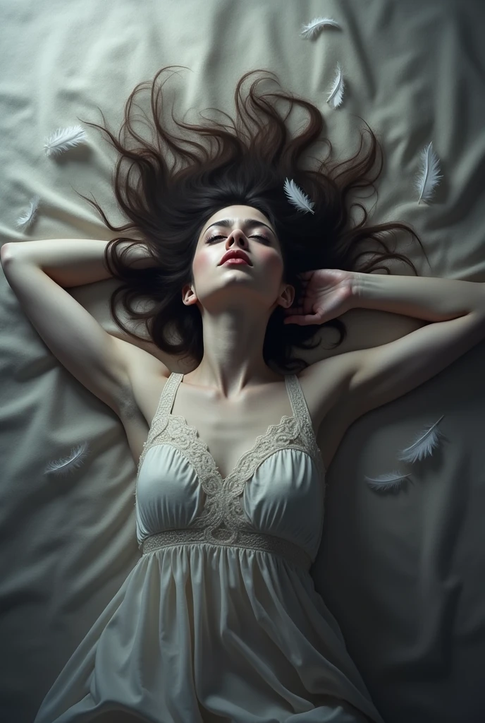 a woman dressed in white lying on a bed with feathers flying around her, She is floating in the air, girl with feathers, A portrait of a suicidal girl, Beautiful young surrealist, very tired woman, disturbing beautiful young woman, She has feathers, lost in a lucid dream, she is lying on her back, young woman with big, gloomy eyes, with a forced smile