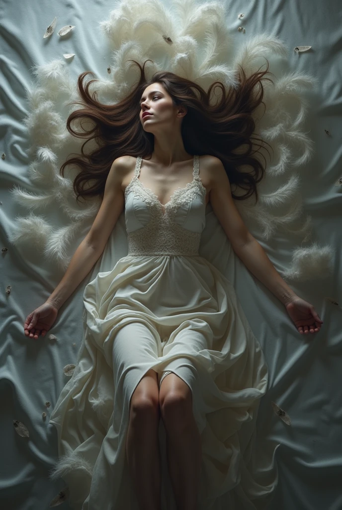 a woman dressed in white lying on a bed with feathers flying around her, She is floating in the air, girl with feathers, A portrait of a suicidal girl, Beautiful young surrealist, very tired woman, disturbing beautiful young woman, She has feathers, lost in a lucid dream, she is lying on her back, young woman with big, gloomy eyes, with a forced smile
