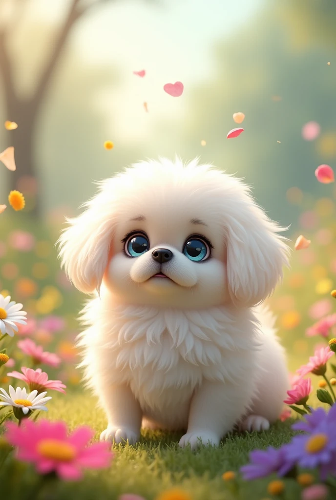You can generate an image of an albino Pekingese dog in a flower meadow