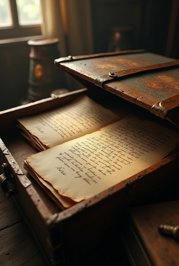 Generate a high quality realstic seen in cinematic 3d style**Old Letters and Documents**: Show an old chest or desk opening to reveal vintage letters and documents, with a focus on a particular letter explaining the writer’s story.