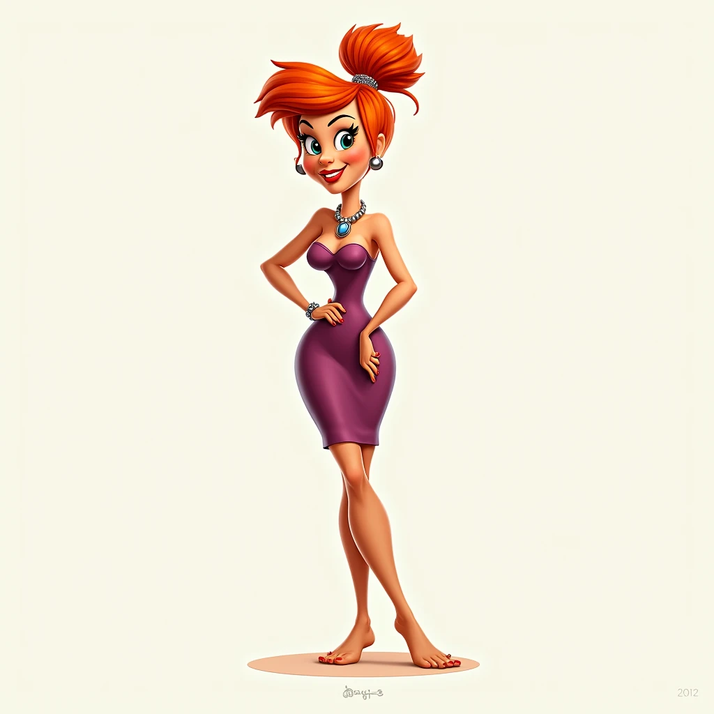 score_9, score_8_up, score_7_up, score_6_up, score_5_up,   1girl, wilma flintstone, orange hair, solo, necklace, dress, lipstick, barefoot, hair bun, fl1nts