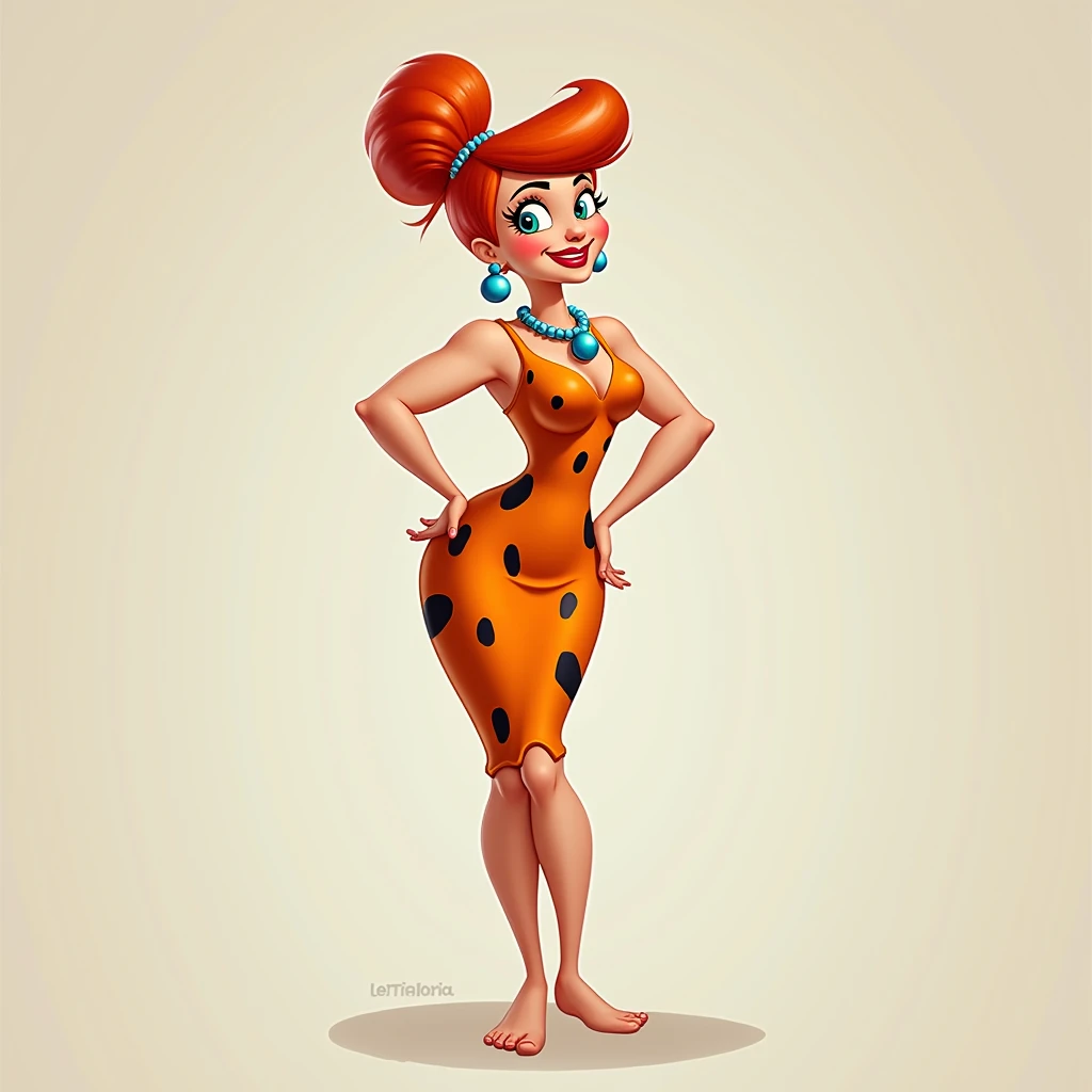 score_9, score_8_up, score_7_up, score_6_up, score_5_up, 1girl, wilma flintstone, orange hair, solo, necklace, dress, lipstick, barefoot, hair bun, fl1nts