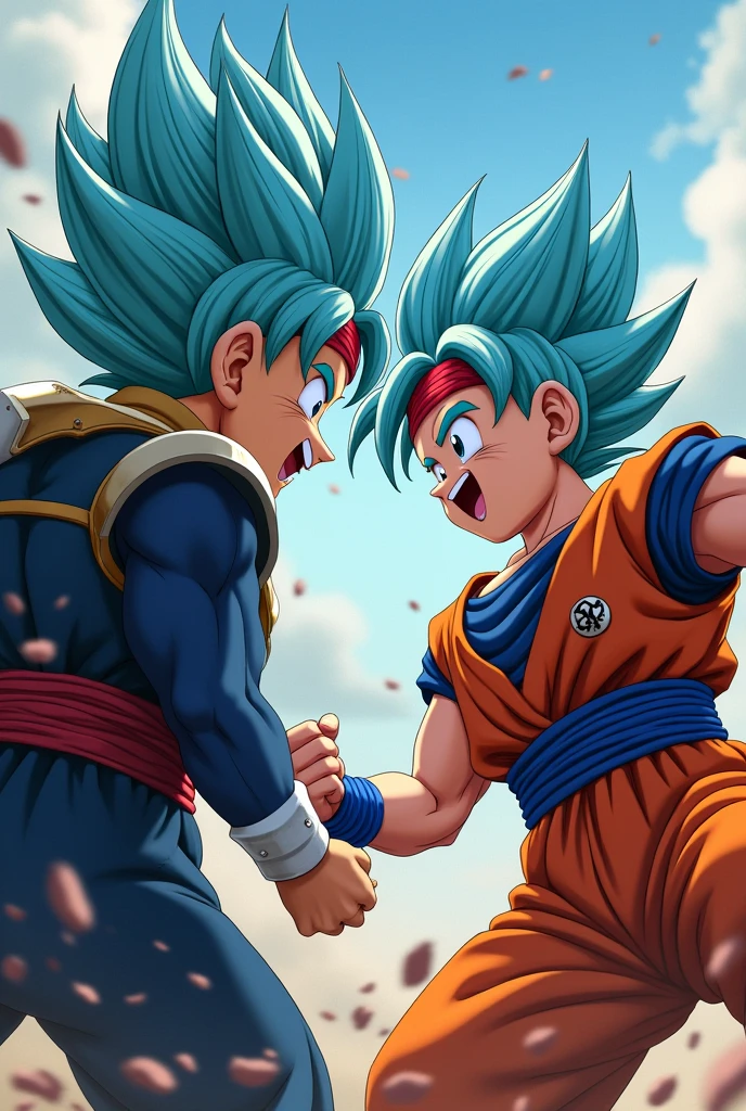 They are goku, goku. against his daughter Bura, right, Dragon Ball GT Bura, girl with light blue hair, blue eyes, dark blue suit, typical armor used by Saiyans, loose hair, bangs, father and daughter, red headband, hair clips