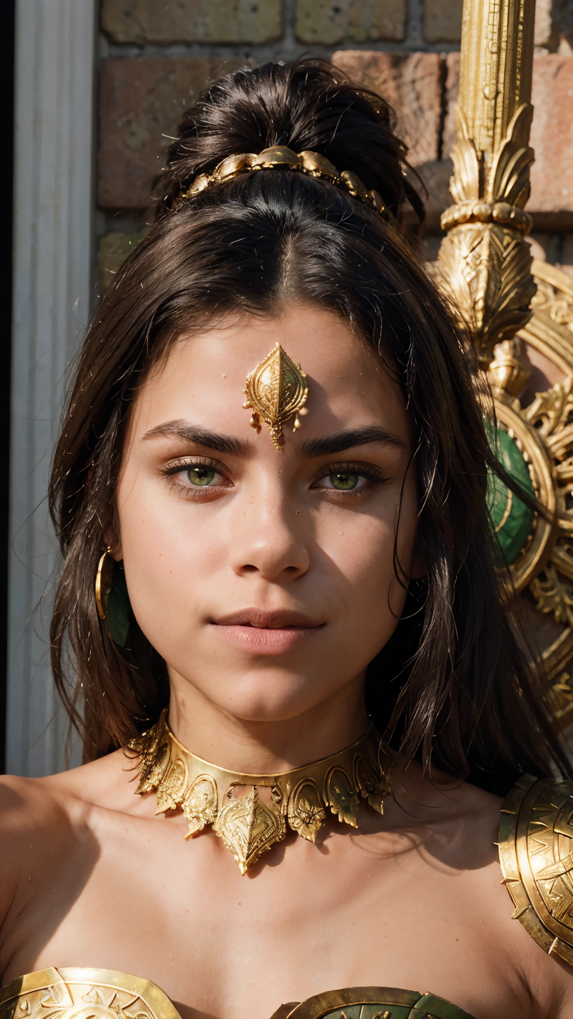 beautiful muscular antique greek spartan warrior girl, detailed face with piercing eyes, flowing dark hair, wearing ornate spartan helmet with ornate gold and bronze details, wearing detailed spartan battle armor with intricate gold and bronze designs, holding a golden sword, dramatic lighting, cinematic angle, highly detailed, photorealistic, 8k, masterpiece, skinny, ((green eyes))