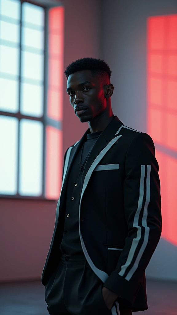 A black man with short, black hair, wearing a black and white outfit , surrealistic style, pastel tones, mid shot, dramatic light by large industrial windows