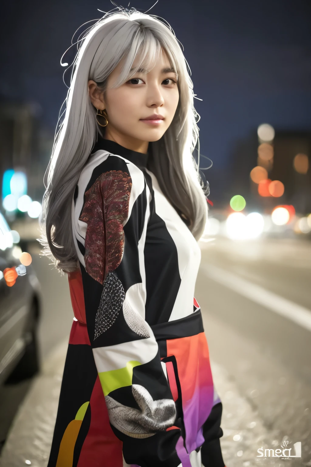 Masterpiece, high quality, high resolution, 8K, (solo:1.2), ((1girl)), Japanese woman, detailed face, detailed eyes, correct body structure, upper body, ((White hair:1.2)), very long hair, messy hair, slender body, seductive silhouette, luminous bones, depth of field, dark photo at nighttime, dimly lit, bangs, Cinematic Lighting, Tyndall effect, abstract background, futuristic outfits, vibrant colors, modern style, wide sleeves, artistic, unique patterns, colorful, stylish, trendy