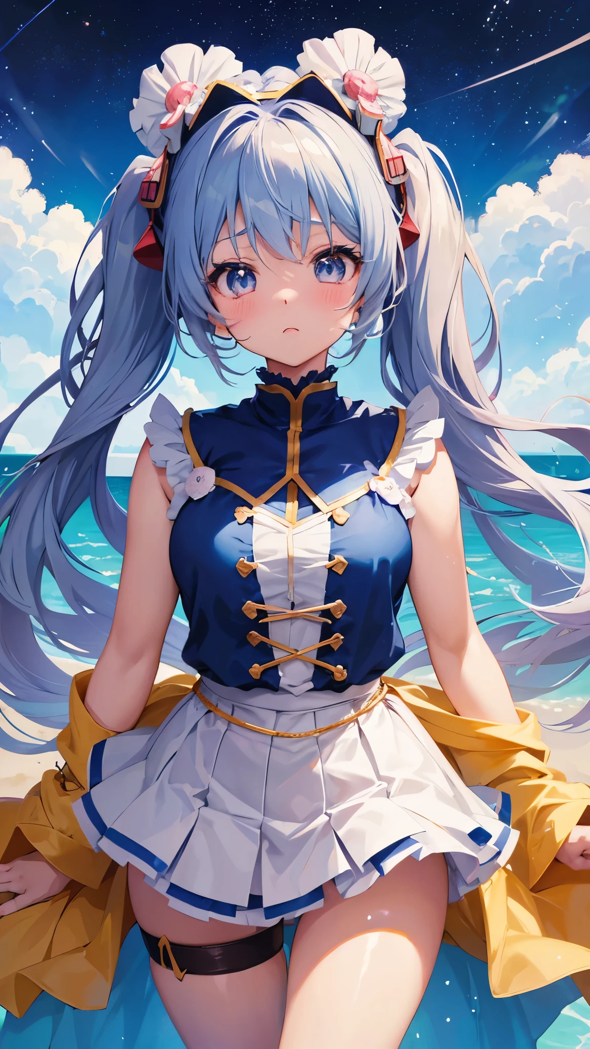 (((anime-style cute face)))、Light blue twintails、Beautiful brown skin:1.7、blush、Very big eyes、anatomically correct body、Thighs、The face is bright、Professional Lighting、Middle school student's chest、(Highest quality1.5, Anime artwork, Anime Style, Studio Anime, Very detailed, Anime Coloring, High Contrast, masterpiece, Highest quality, Best aesthetics), ((Short white T-shirt)), ((Soaking wet))、 Normal hip joint, Perfect Fingers, Five Fingers, Anatomically correct, Underboob、Belly button、The black mini skirt has lively frills、Nipples are very erect、Beach、Shooting from below