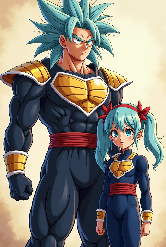 They are Goku, Goku, his daughter Bura, right, Dragon Ball GT Bura, girl with light blue hair, blue eyes, dark blue suit, typical armor used by Saiyans, loose hair, bangs, father and daughter, red headband, hair clips hair