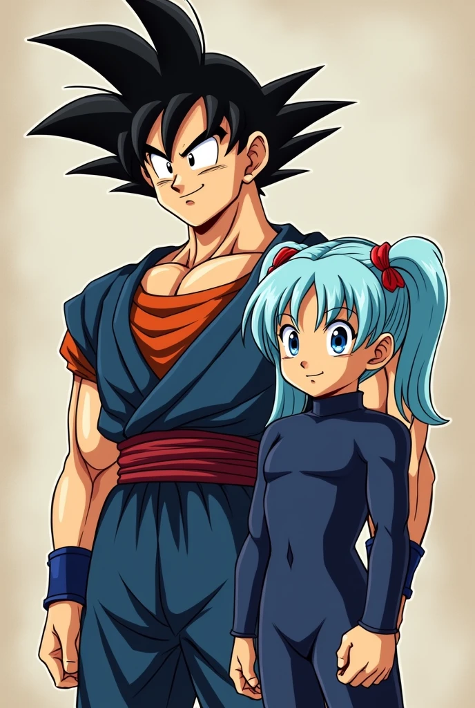 They are Goku, Goku, his daughter Bura, right, Dragon Ball GT Bura, girl with light blue hair, blue eyes, dark blue suit, typical armor used by Saiyans, loose hair, bangs, father and daughter, red headband, hair clips hair