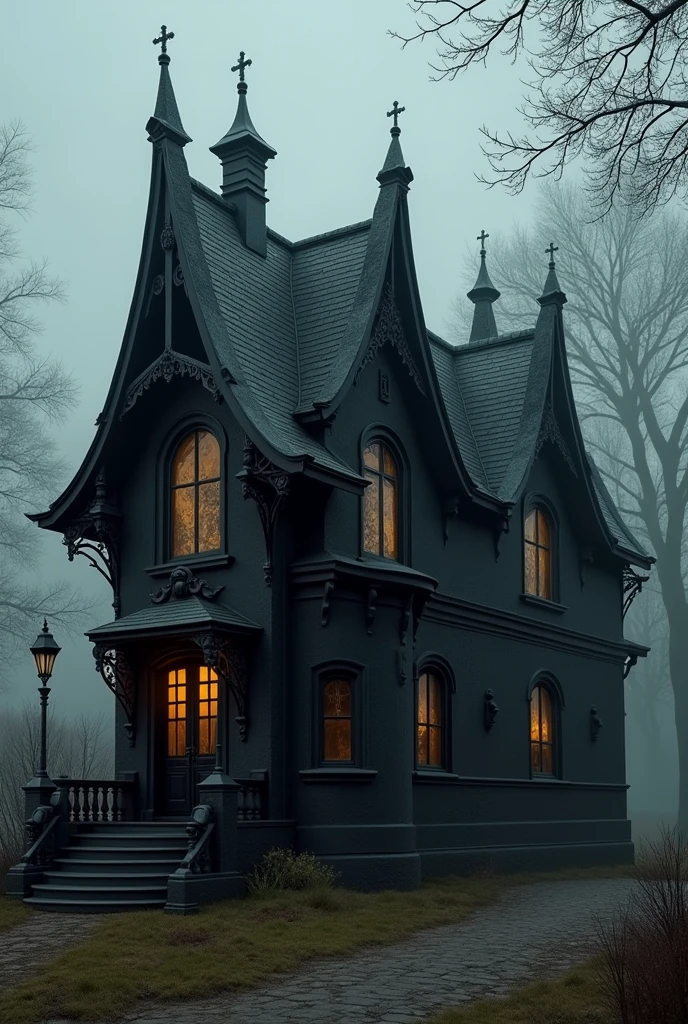 Hot dog shaped house, in black, gothic