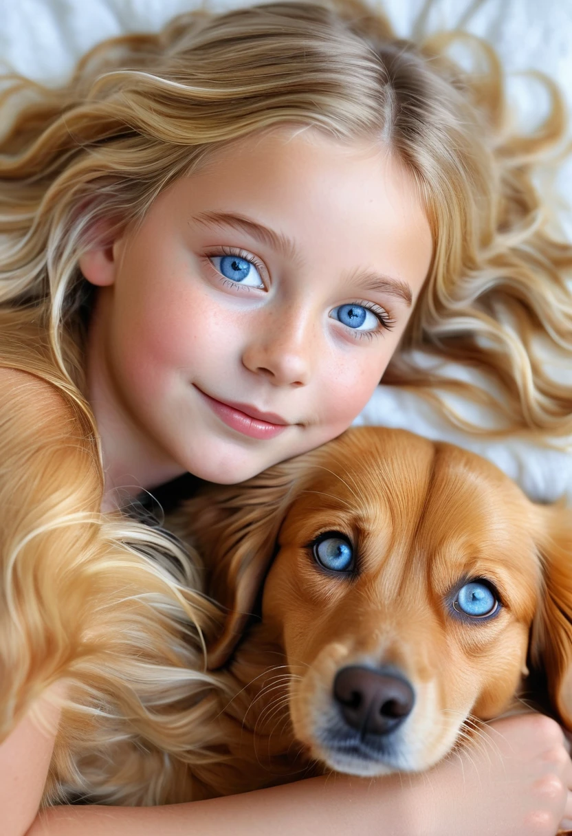 A close-up digital illustration of a young girl with long, wavy blonde hair, gazing directly at the viewer with bright blue eyes and a gentle smile. She is lying down with her face close to a golden-brown dog with a smooth coat. The dog has heterochromia, one eye being blue and the other brown, adding a unique charm to its appearance. Both the girl and the dog are lying on a soft surface, such as a bed, with their heads close together, looking directly at the viewer. The background is softly blurred, creating a warm and intimate indoor atmosphere. The lighting is soft and natural, emphasizing the gentle, affectionate bond between the girl and the dog.