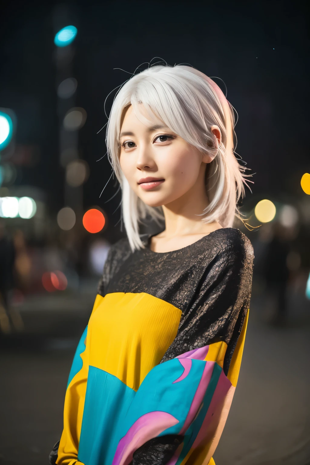 Masterpiece, high quality, high resolution, 8K, (solo:1.2), ((1girl)), Japanese woman, detailed face, detailed eyes, correct body structure, upper body, ((White hair:1.2)), very long hair, messy hair, slender body, seductive silhouette, luminous bones, depth of field, dark photo at nighttime, dimly lit, bangs, Cinematic Lighting, Tyndall effect, abstract background, futuristic outfits, vibrant colors, modern style, wide sleeves, artistic, unique patterns, colorful, stylish, trendy