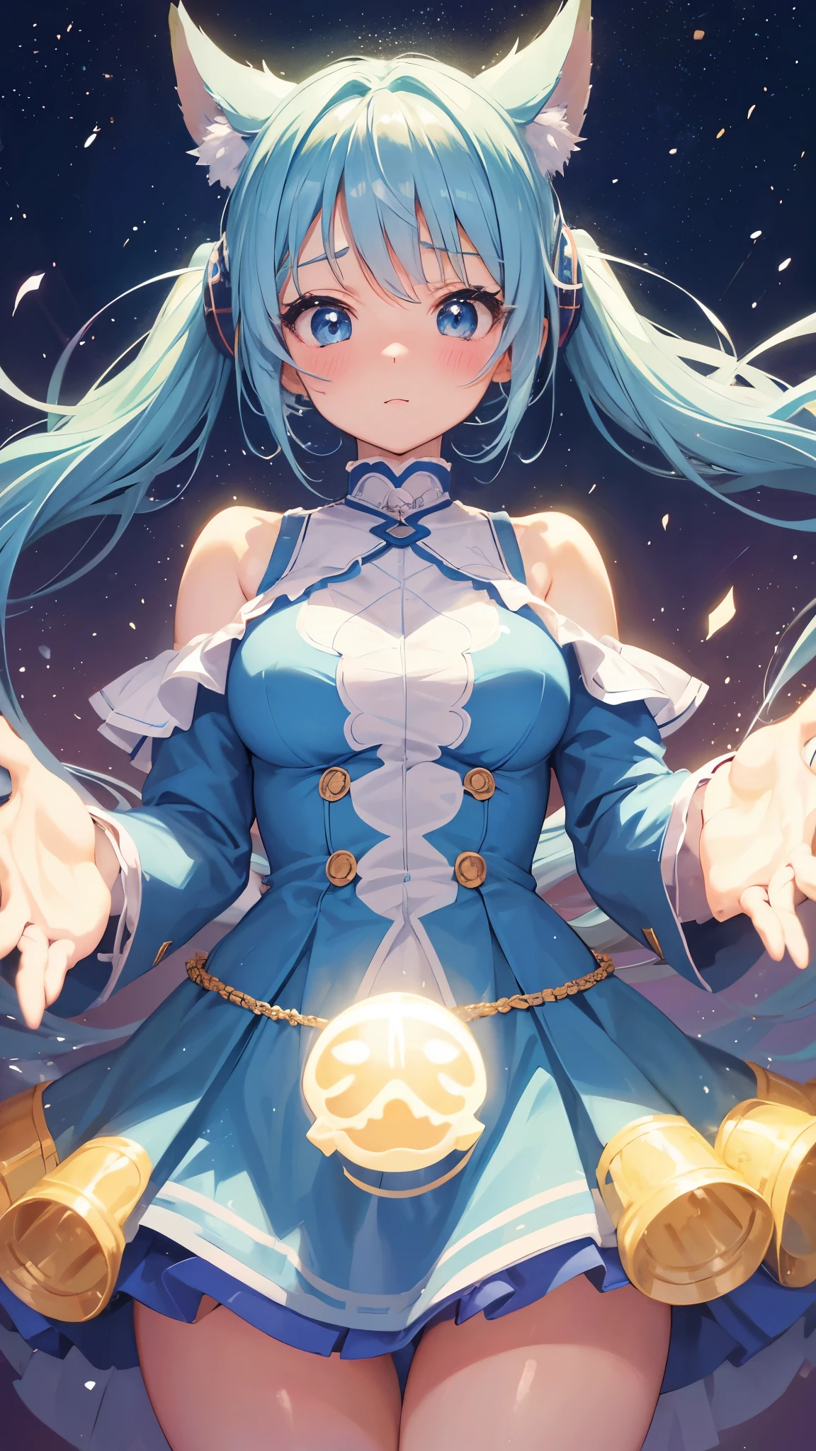 (((anime-style cute face)))、Light blue twintails、Beautiful brown skin:1.7、blush、Very big eyes、anatomically correct body、Thighs、The face is bright、Professional Lighting、Middle school student&#39;s chest、(Highest quality1.5, Anime artwork, Anime Style, Studio Anime, Very detailed, Anime Coloring, High Contrast, masterpiece, Highest quality, Best aesthetics), ((Short white T-shirt)), ((Soaking wet))、 Normal hip joint, Perfect Fingers, Five Fingers, Anatomically correct, Underboob、Belly button、The black mini skirt has lively frills、Nipples are very erect、Beach、Shooting from below