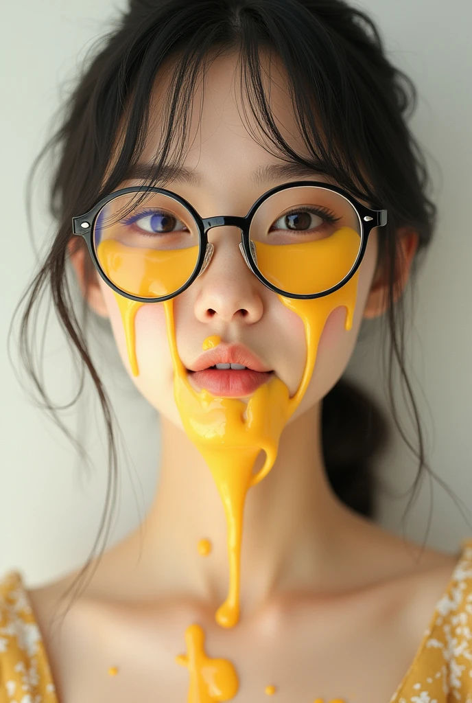 asian girl, glasses, melted cheese on face, dress