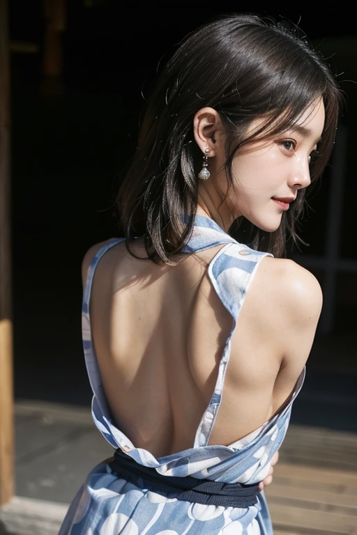 (2 Japanese girl,), (Small breasts:1.5,),(One girl,Textured skin, Detailed skin,Detailed face,Detailed eyes,detailed posing,Natural eyebrows,Perfect limbs,High detail, Highest quality, Super detailed, Surrealism, ,8k,RAW Photos,Photographicism,Professional Lighting,Portrait Photography,),((Black Hair, Dark Eyes,Natural Makeup,Simple earrings,Bob Hair, Wavy Hair,happiness/joy, )),(((Sleeveless yukata,Festivals,Back view)))