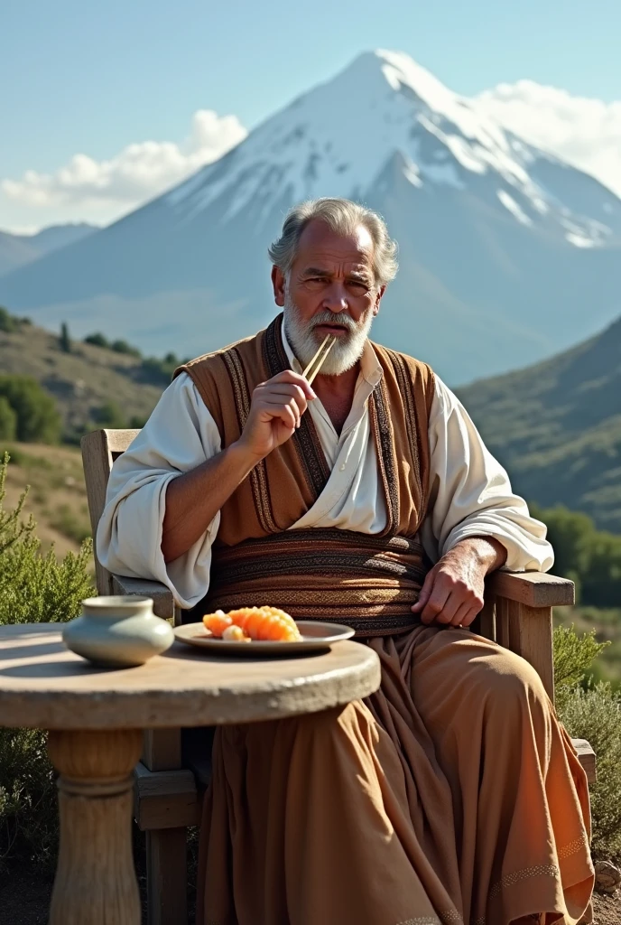 A Man wearing a traditional cretan costume is eating sushi in front of a mountain