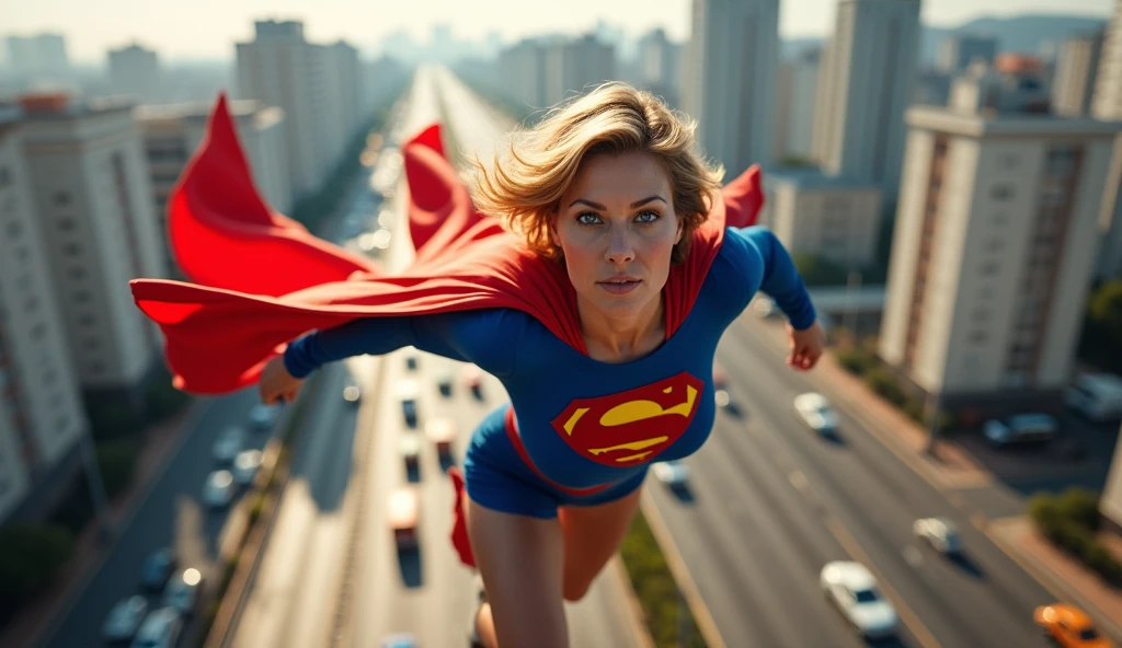 flying at super speed above a traffic jam; faster than a jet; old Demi Moore busty((without glasses))) Supergirl (((50 years old; short hair))); floating above the Praça da Bandeira, Rio de Janeiro city - Brazil; highway; (heavy traffic; satellite view); superhero pose flying through the skies