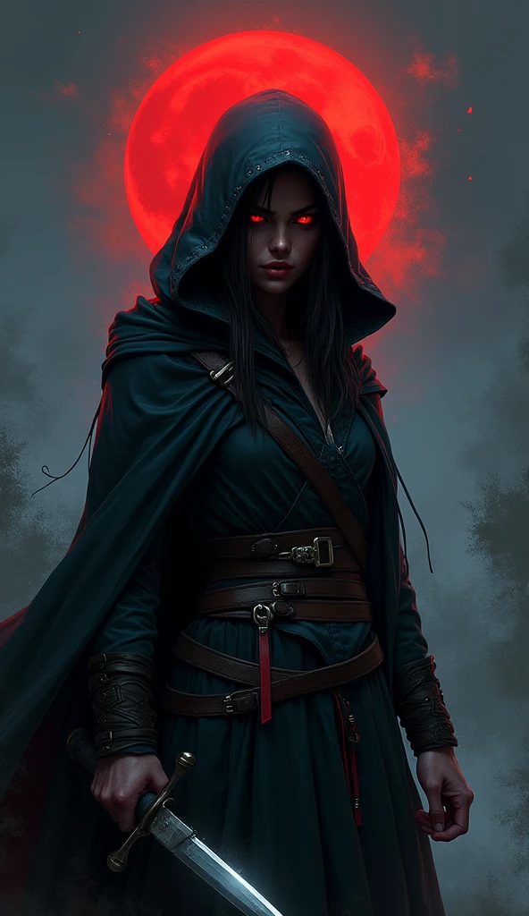 girl assassin in hood and cloak, holding a knife, crazy face, crazy grin, realistic style, upper body, dark sky blood moon background