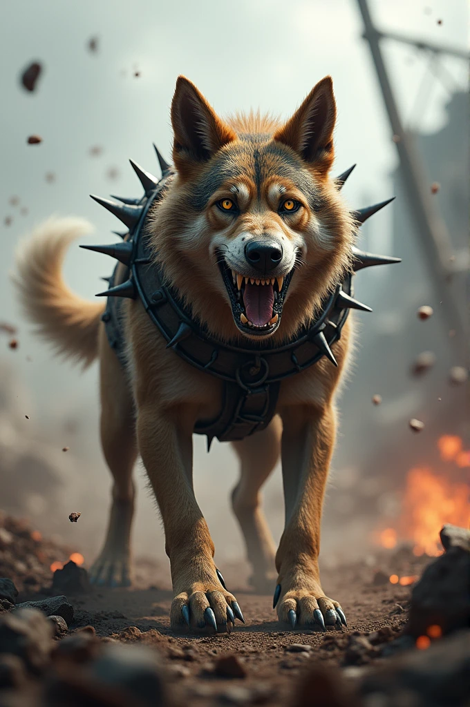 War dog with hairs like spikes, chains and crazy eyes